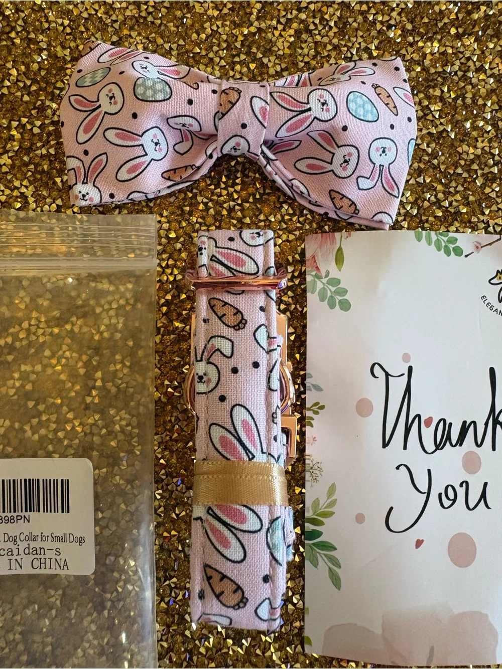 Pink Bunny Print NWT Small Dog Bow Tie Collar with Rose-Gold Hardware.